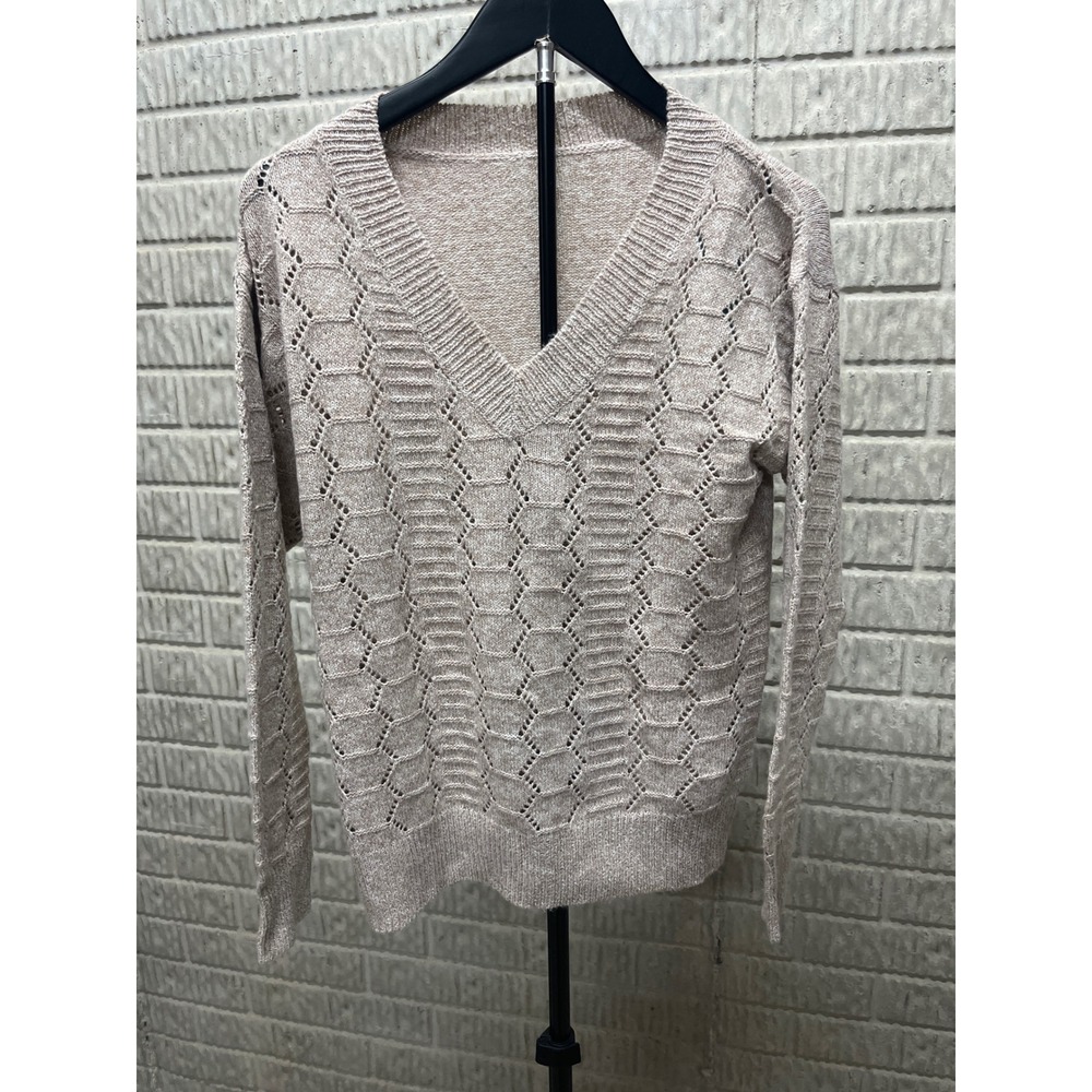Cupshe Beige Honeycomb Pointelle V-Neck Shimmer Knit Sweater Small 6A4H003GG